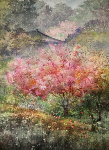 Arts numériques intitulée "les cerisiers en fl…" par Dodi Ballada, Œuvre d'art originale, Peinture numérique