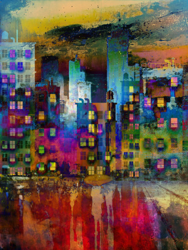 Peinture intitulée "la ville bariolée" par Dodi Ballada, Œuvre d'art originale, Acrylique