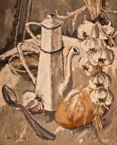 Painting titled "Cafetière et ail.jpg" by Dominique Bertrand, Original Artwork, Oil