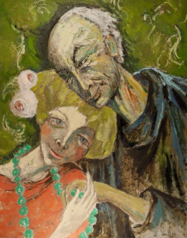 Painting titled "Couple (fond vert).…" by Dominique Bertrand, Original Artwork, Oil