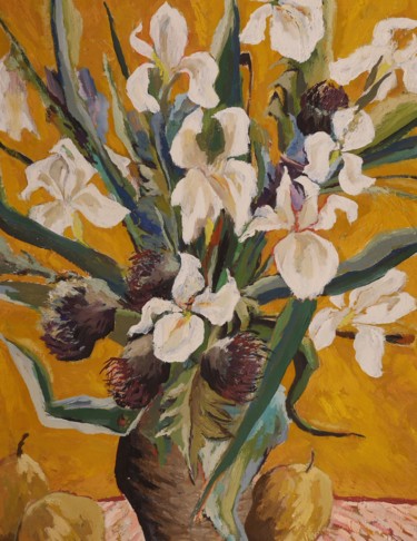 Peinture intitulée "Pichet d'iris blancs" par Dominique Bertrand, Œuvre d'art originale, Huile