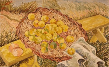 Painting titled "Plateau de prunes" by Dominique Bertrand, Original Artwork, Oil