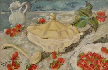 Ζωγραφική με τίτλο "Le sucrier aux frai…" από Dominique Bertrand, Αυθεντικά έργα τέχνης, Λάδι