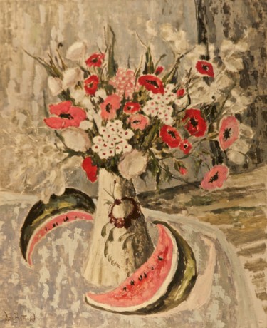 Painting titled "Coquelicots et past…" by Dominique Bertrand, Original Artwork, Oil