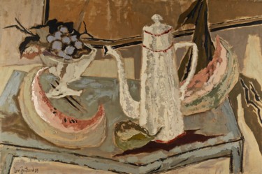 Painting titled "Cafetière blanche a…" by Dominique Bertrand, Original Artwork, Oil