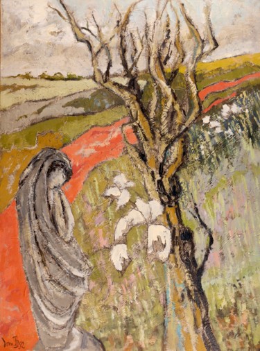 Painting titled "statue au chemin ro…" by Dominique Bertrand, Original Artwork, Oil