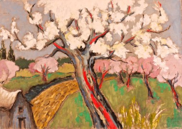 Painting titled "arbres en fleurs" by Dominique Bertrand, Original Artwork, Oil