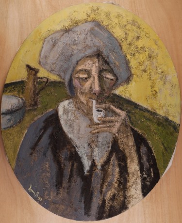 Peinture intitulée "Bretonne à la pipe" par Dominique Bertrand, Œuvre d'art originale, Huile