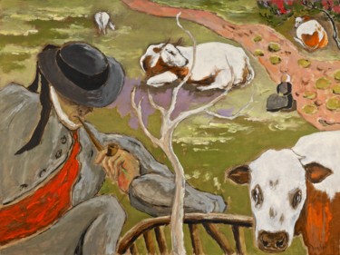 Peinture intitulée "Breton aux vaches" par Dominique Bertrand, Œuvre d'art originale, Huile