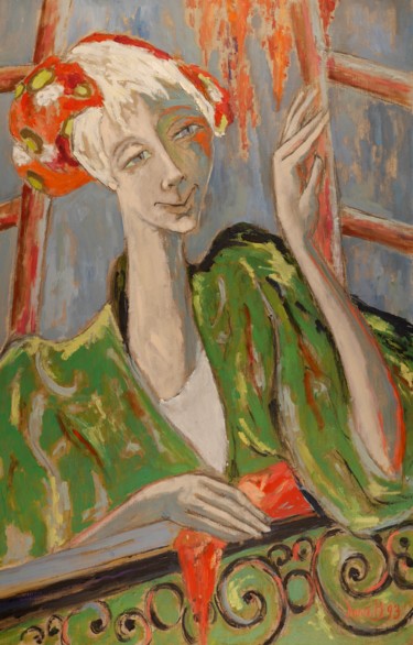 Painting titled "Femme en vert" by Dominique Bertrand, Original Artwork, Oil