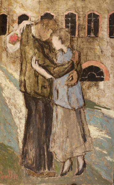 Peinture intitulée "Couple devant la ca…" par Dominique Bertrand, Œuvre d'art originale, Huile