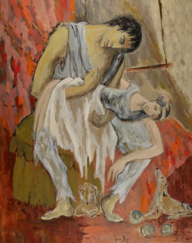 Painting titled "La pause au cirque" by Dominique Bertrand, Original Artwork, Oil