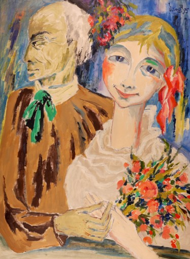 Painting titled "Couple et fleurs" by Dominique Bertrand, Original Artwork, Oil