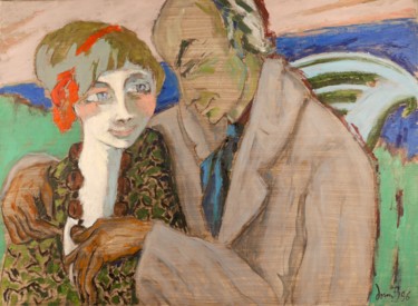 Peinture intitulée "Le couple (banc ble…" par Dominique Bertrand, Œuvre d'art originale, Huile