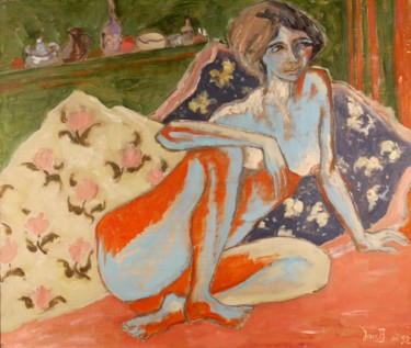 Painting titled "Nu devant l'étagère" by Dominique Bertrand, Original Artwork, Oil