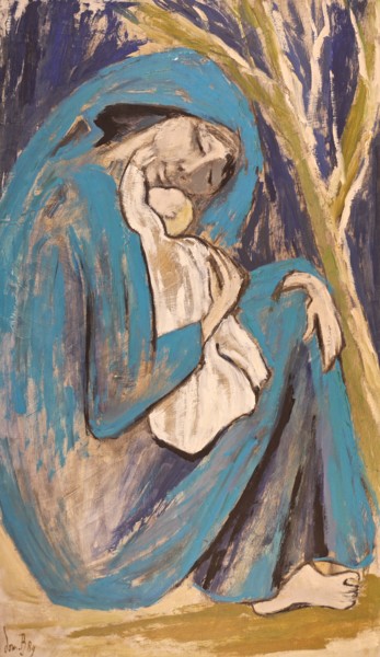 Painting titled "maternité bleue" by Dominique Bertrand, Original Artwork, Oil
