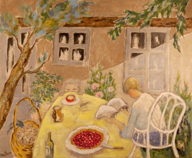 Painting titled "Le goûter dehors" by Dominique Bertrand, Original Artwork, Oil