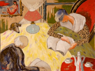 Painting titled "Sous la lampe" by Dominique Bertrand, Original Artwork, Oil