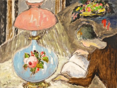 Painting titled "Sous la lampe (2)" by Dominique Bertrand, Original Artwork, Oil
