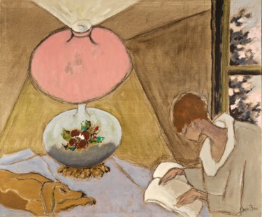 Painting titled "Sous la lampe avec…" by Dominique Bertrand, Original Artwork, Oil