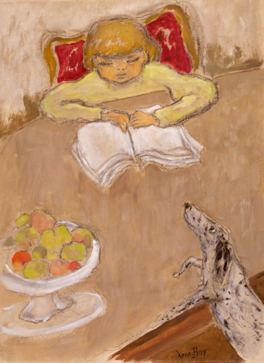 Painting titled "Fillette lisant et…" by Dominique Bertrand, Original Artwork, Oil