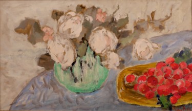 Painting titled "Vase vert aux roses…" by Dominique Bertrand, Original Artwork, Oil