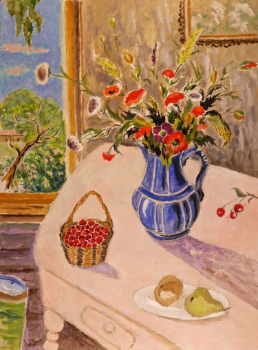 Painting titled "Pot bleu sur table…" by Dominique Bertrand, Original Artwork, Oil