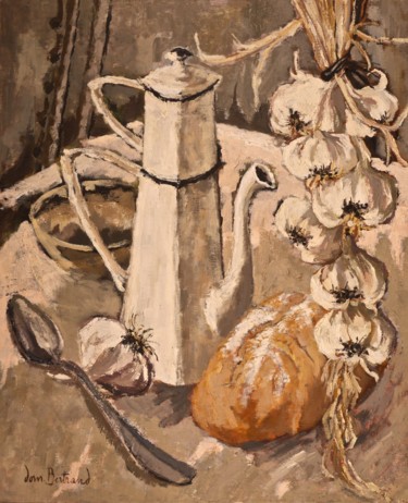 Peinture intitulée "Cafetière et ail (L…" par Dominique Bertrand, Œuvre d'art originale, Huile