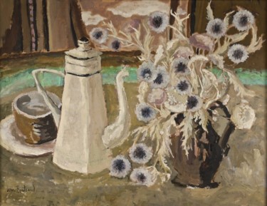 Painting titled "Cafetière aux chard…" by Dominique Bertrand, Original Artwork, Oil