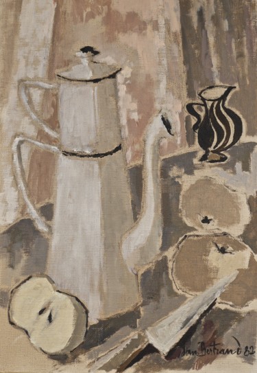 Peinture intitulée "Cafetière et pot ra…" par Dominique Bertrand, Œuvre d'art originale, Huile