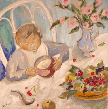 Painting titled "L'enfant aux cerise…" by Dominique Bertrand, Original Artwork, Oil