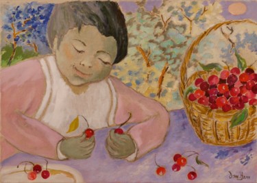 Peinture intitulée "L'enfant aux cerise…" par Dominique Bertrand, Œuvre d'art originale, Huile