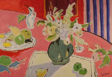 Peinture intitulée "Pot vert aux renonc…" par Dominique Bertrand, Œuvre d'art originale, Huile