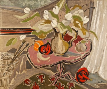 Картина под названием "Tulipes blanches (1)" - Dominique Bertrand, Подлинное произведение искусства, Масло