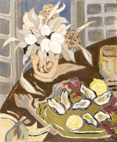 Peinture intitulée "Fleurs et huîtres" par Dominique Bertrand, Œuvre d'art originale, Huile