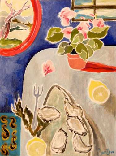 Painting titled "Cyclamen sur fond b…" by Dominique Bertrand, Original Artwork, Oil