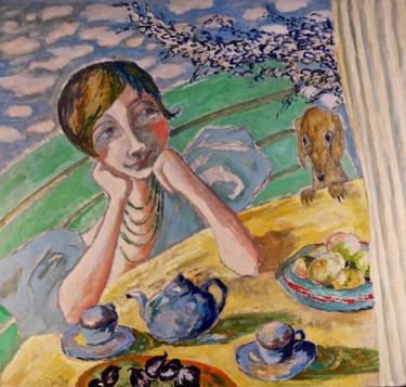 Pittura intitolato "L'heure du thé à la…" da Dominique Bertrand, Opera d'arte originale, Olio