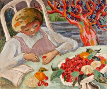 Peinture intitulée "Enfant aux cerises" par Dominique Bertrand, Œuvre d'art originale, Huile