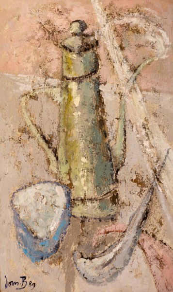 Painting titled "Cafetière verte (+s…" by Dominique Bertrand, Original Artwork, Oil