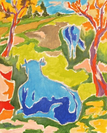 Peinture intitulée "Les vaches bleues" par Dominique Bertrand, Œuvre d'art originale, Huile