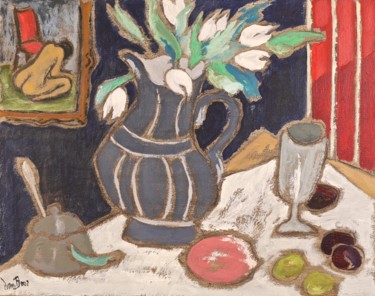 Painting titled "Pot "Matisse" bleu" by Dominique Bertrand, Original Artwork, Oil