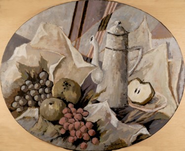 Painting titled "Cafetière aux raisi…" by Dominique Bertrand, Original Artwork, Oil