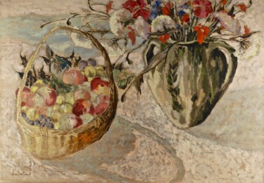 Peinture intitulée "Bouquet et fruits d…" par Dominique Bertrand, Œuvre d'art originale, Huile