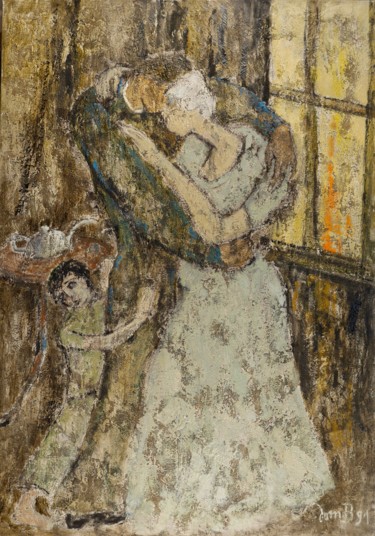Painting titled "Couple à l'enfant" by Dominique Bertrand, Original Artwork, Oil