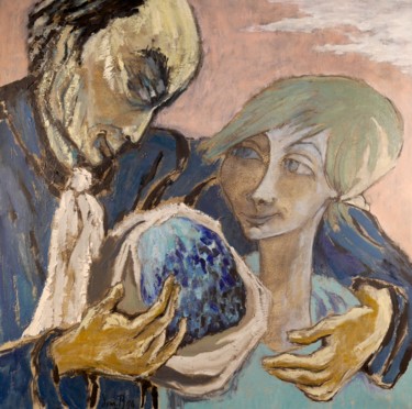 Peinture intitulée "Couple au bouquet b…" par Dominique Bertrand, Œuvre d'art originale, Huile