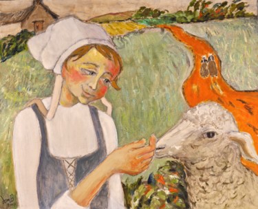 Peinture intitulée "Bretonne et mouton" par Dominique Bertrand, Œuvre d'art originale, Huile