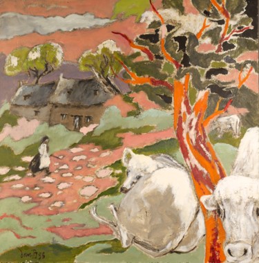 Painting titled "Les vaches à Clos-d…" by Dominique Bertrand, Original Artwork, Oil