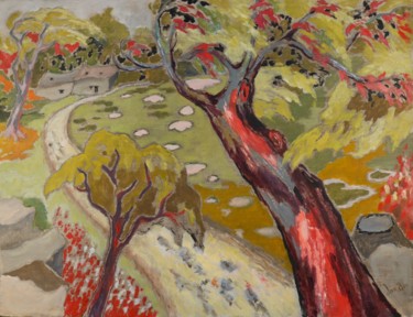 Peinture intitulée "Arbre rouge et chem…" par Dominique Bertrand, Œuvre d'art originale, Huile