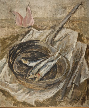 Painting titled "Sardines et poires…" by Dominique Bertrand, Original Artwork, Oil