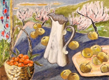 Painting titled "Pichet blanc et arb…" by Dominique Bertrand, Original Artwork, Oil